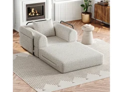 Sofá-cama convertível - Um lugar - Tecido chenille caqui