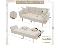 Sofá-cama convertível bege de 2 lugares com 2 portas USB, suporte para telemóvel e bolsos laterais 173x78x78cm