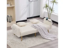 Sofá-cama convertível bege de 2 lugares com 2 portas USB, suporte para telemóvel e bolsos laterais 173x78x78cm