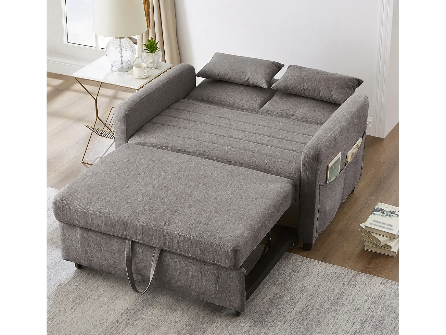Sofá-cama convertível cinzento de 2 lugares - Encosto ajustável em 3 posições - Tecido de algodão e linho