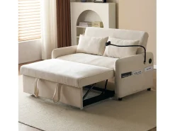 Sofá-cama convertível de 2 lugares com entrada USB e encosto ajustável - Sofá-cama em chenille - Bege