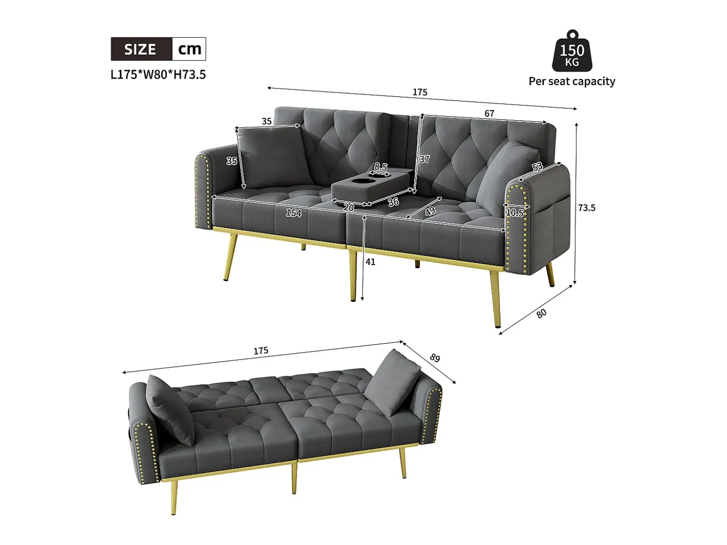 Sofá-cama convertível de 2 lugares - Suporte para copos, 2 apoios lombares e bolsos laterais - Veludo cinzento