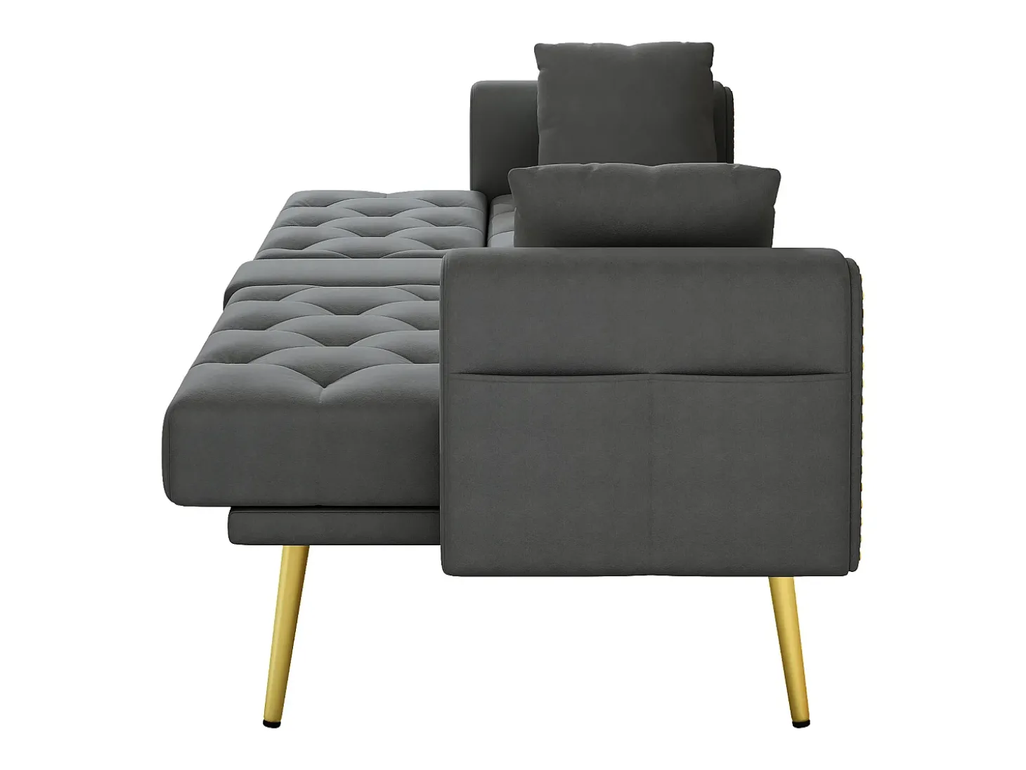 Sofá-cama convertível de 2 lugares - Suporte para copos, 2 apoios lombares e bolsos laterais - Veludo cinzento