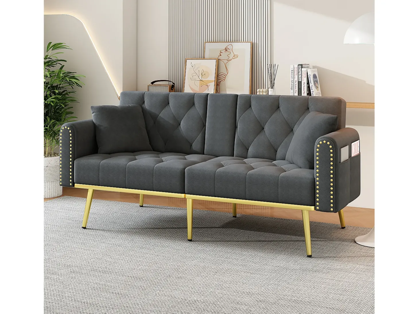 Sofá-cama convertível de 2 lugares - Suporte para copos, 2 apoios lombares e bolsos laterais - Veludo cinzento