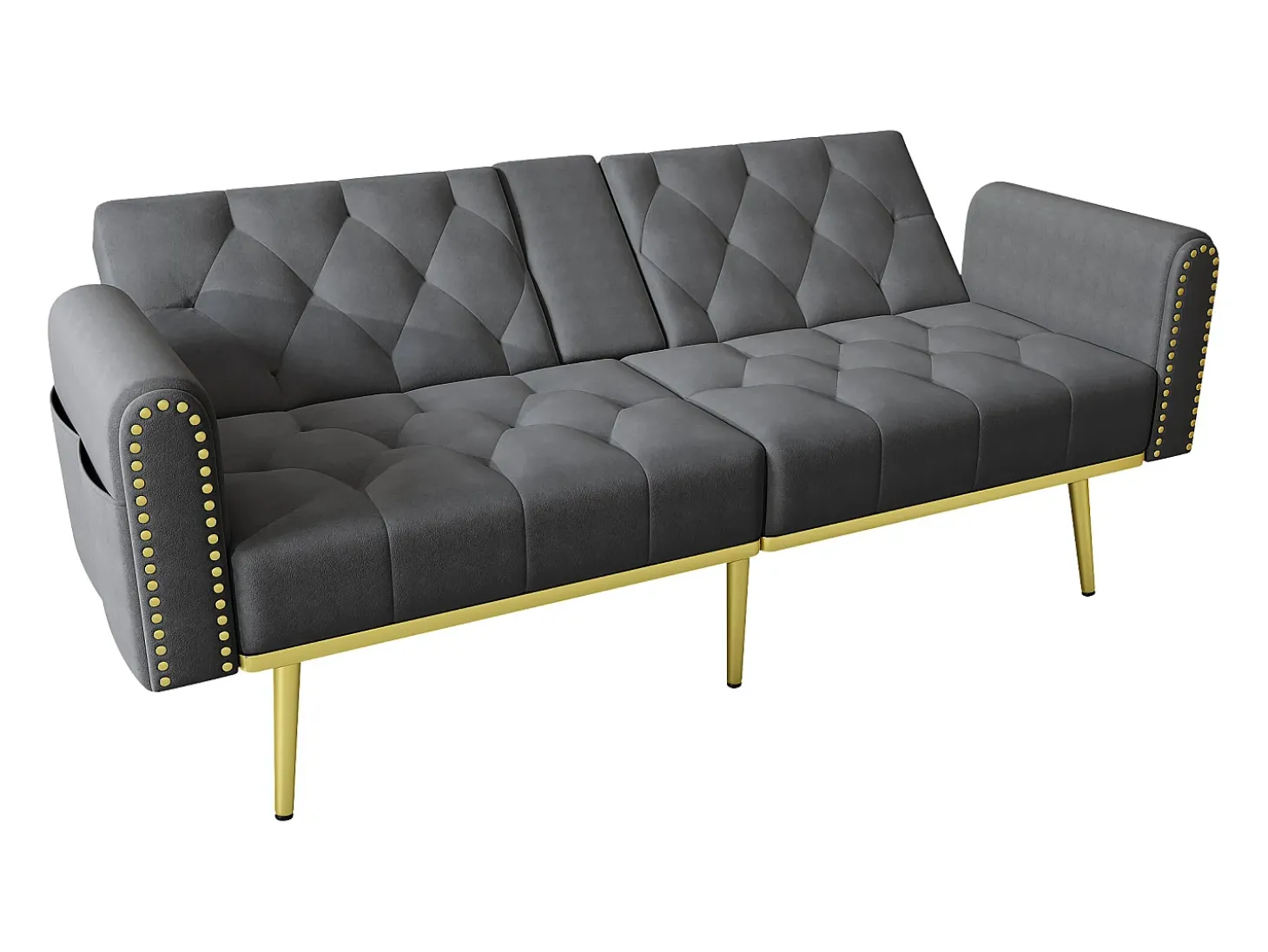 Sofá-cama convertível de 2 lugares - Suporte para copos, 2 apoios lombares e bolsos laterais - Veludo cinzento