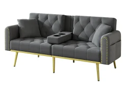 Sofá-cama convertível de 2 lugares - Suporte para copos, 2 apoios lombares e bolsos laterais - Veludo cinzento