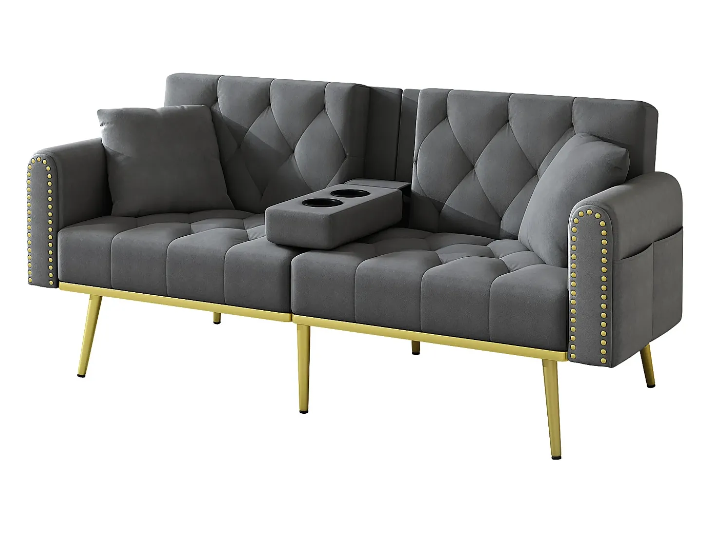 Sofá-cama convertível de 2 lugares - Suporte para copos, 2 apoios lombares e bolsos laterais - Veludo cinzento