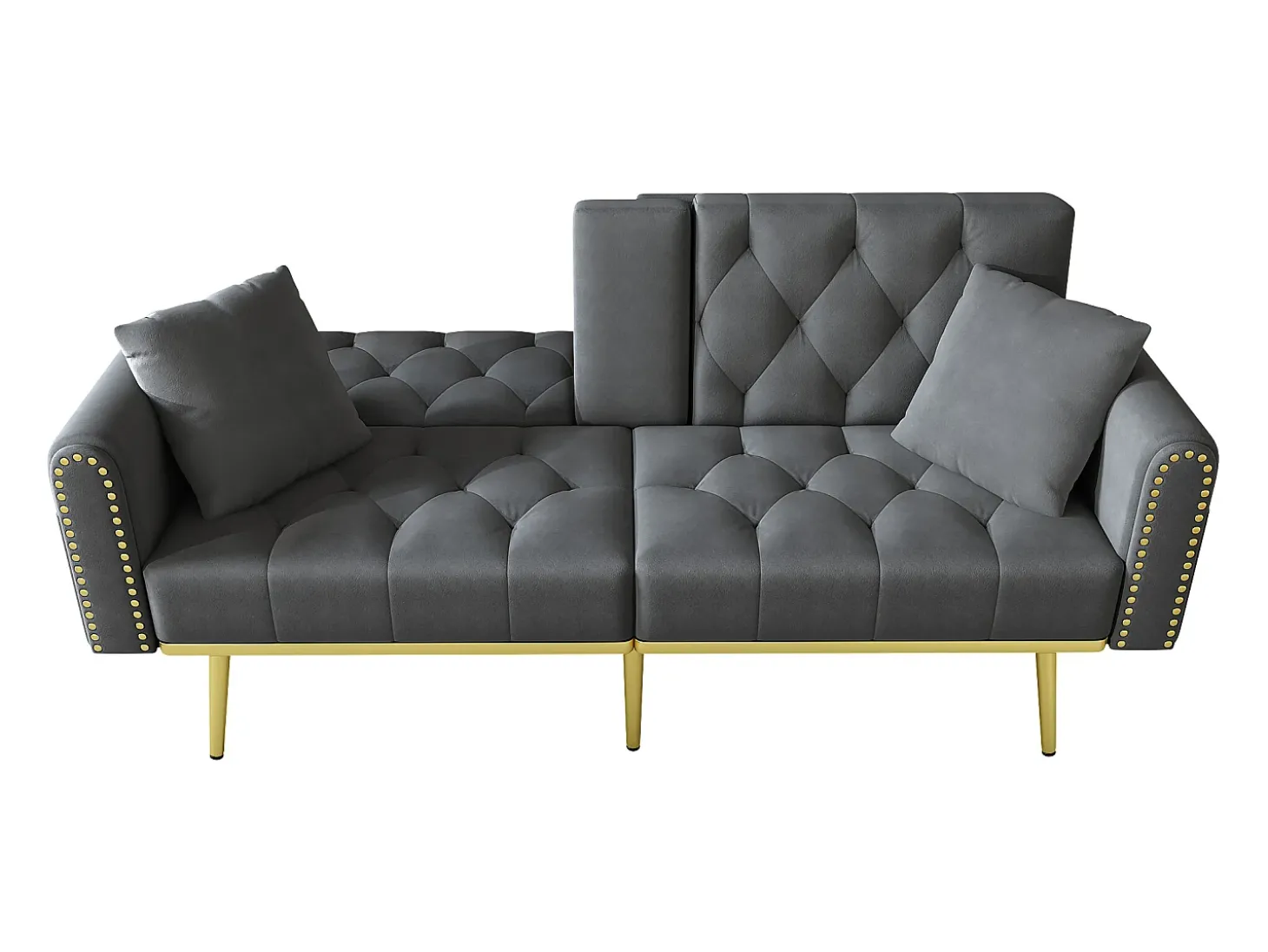 Sofá-cama convertível de 2 lugares - Suporte para copos, 2 apoios lombares e bolsos laterais - Veludo cinzento