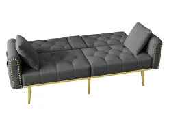 Sofá-cama convertível de 2 lugares - Suporte para copos, 2 apoios lombares e bolsos laterais - Veludo cinzento