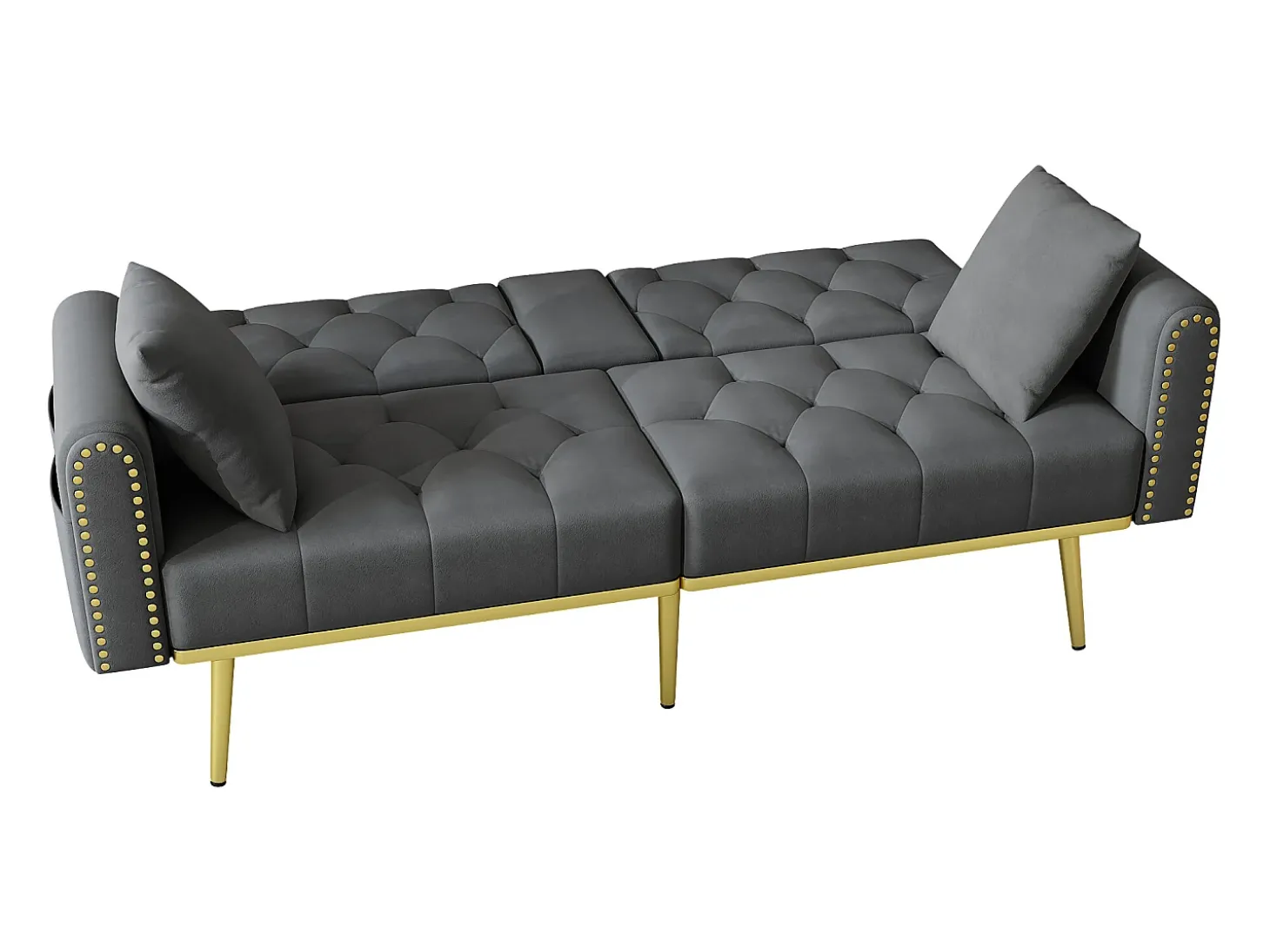 Sofá-cama convertível de 2 lugares - Suporte para copos, 2 apoios lombares e bolsos laterais - Veludo cinzento