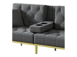 Sofá-cama convertível de 2 lugares - Suporte para copos, 2 apoios lombares e bolsos laterais - Veludo cinzento