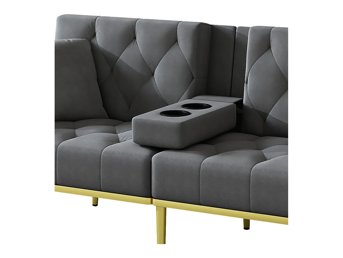 Sofá-cama convertível de 2 lugares - Suporte para copos, 2 apoios lombares e bolsos laterais - Veludo cinzento