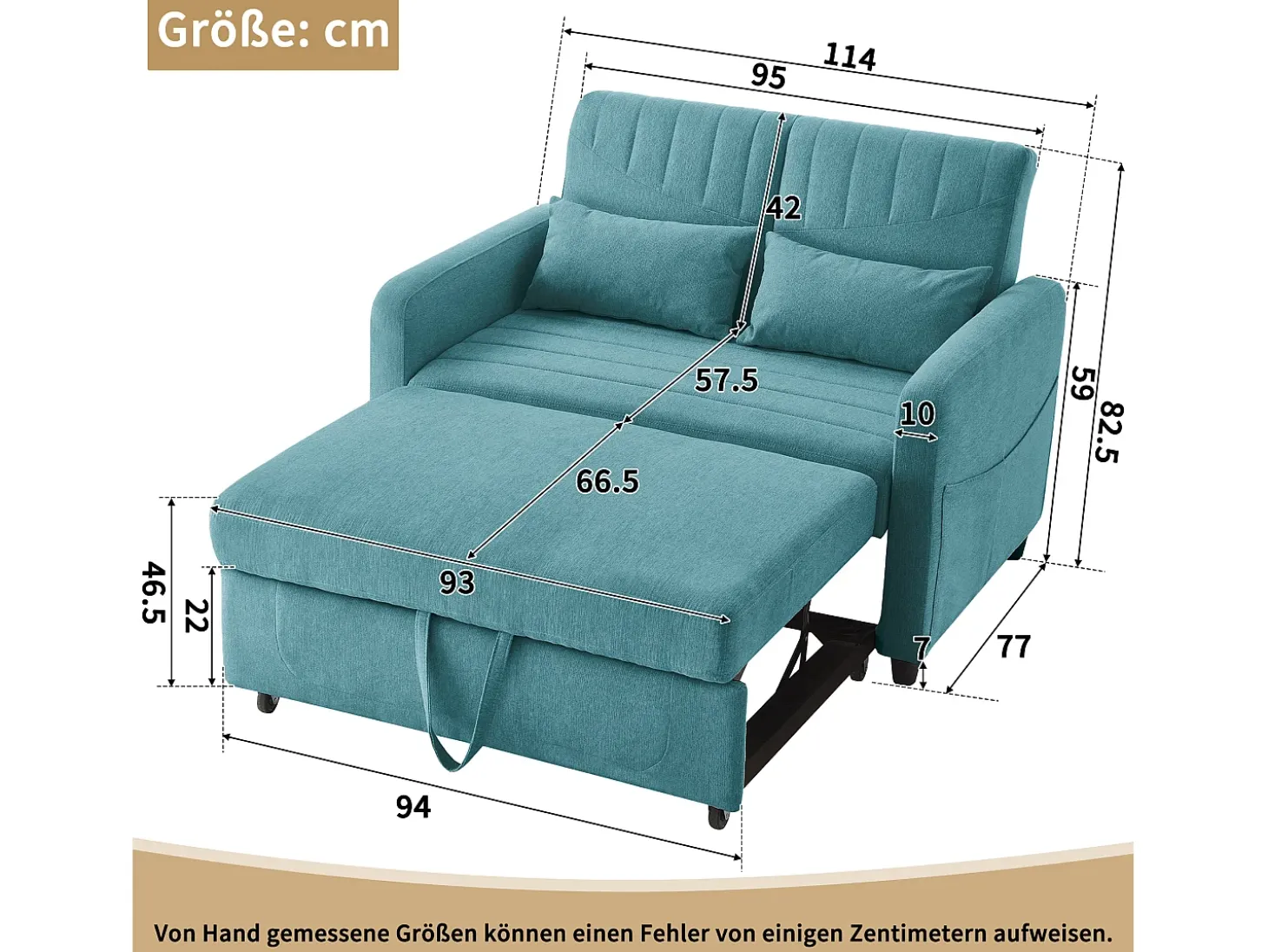 Sofá-cama convertível de 2 lugares em azul-esverdeado antigo - Encosto ajustável em 3 posições - Tecido de algodão e linho