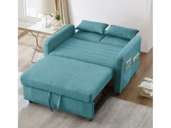 Sofá-cama convertível de 2 lugares em azul-esverdeado antigo - Encosto ajustável em 3 posições - Tecido de algodão e linho