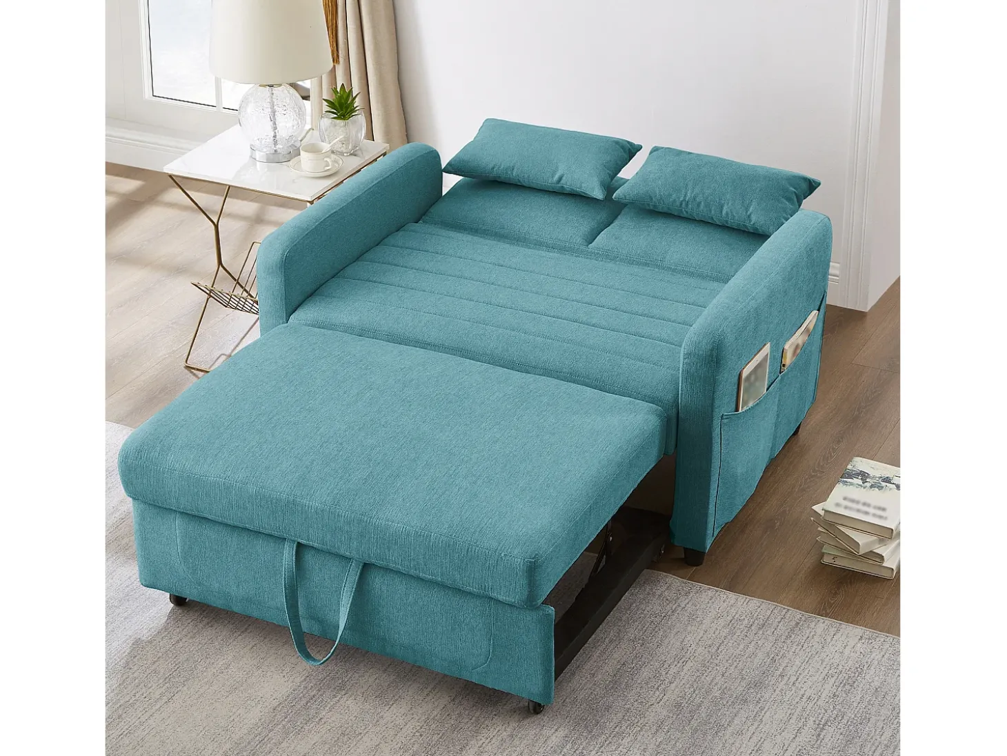 Sofá-cama convertível de 2 lugares em azul-esverdeado antigo - Encosto ajustável em 3 posições - Tecido de algodão e linho