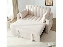 Sofá-cama convertível de 2 lugares com encosto ajustável - Revestido em tecido de linho e algodão - Bege