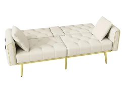Sofá-cama convertível de 2 lugares - Suporte para copos, 2 apoios lombares e bolsos laterais - Veludo bege
