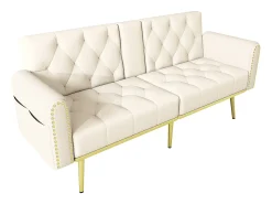 Sofá-cama convertível de 2 lugares - Suporte para copos, 2 apoios lombares e bolsos laterais - Veludo bege