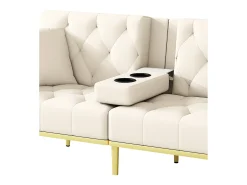 Sofá-cama convertível de 2 lugares - Suporte para copos, 2 apoios lombares e bolsos laterais - Veludo bege