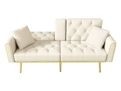 Sofá-cama convertível de 2 lugares - Suporte para copos, 2 apoios lombares e bolsos laterais - Veludo bege