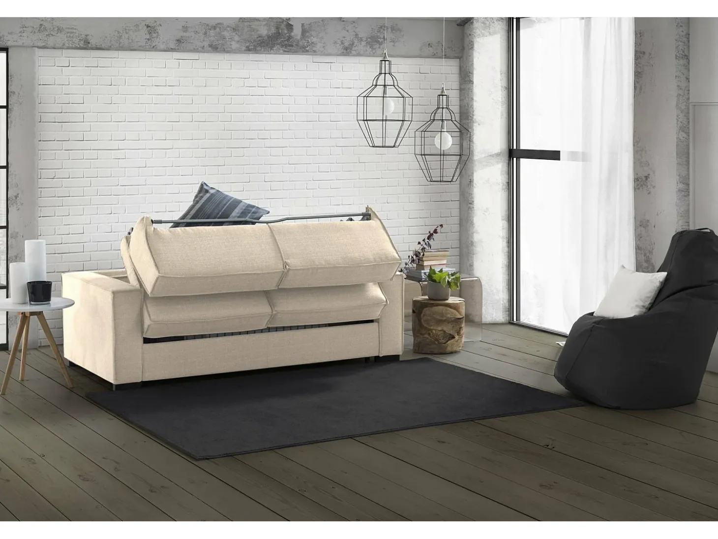 Sofá-cama Daabbo, Sofá grande de 2 lugare, 100% Fabricado na Itália, Sofá da ala com abertura giratória, em tecido acolchoado, com braço padrão, 200x95h90 cm, Bege