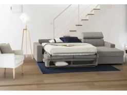 Sofá-cama Daaen, Sofá de canto, 100% Fabricado na Itália, Sofá com abertura giratória, com penínula de armazenamento direita, com braço fino, Cm 260x95h85, Taupe
