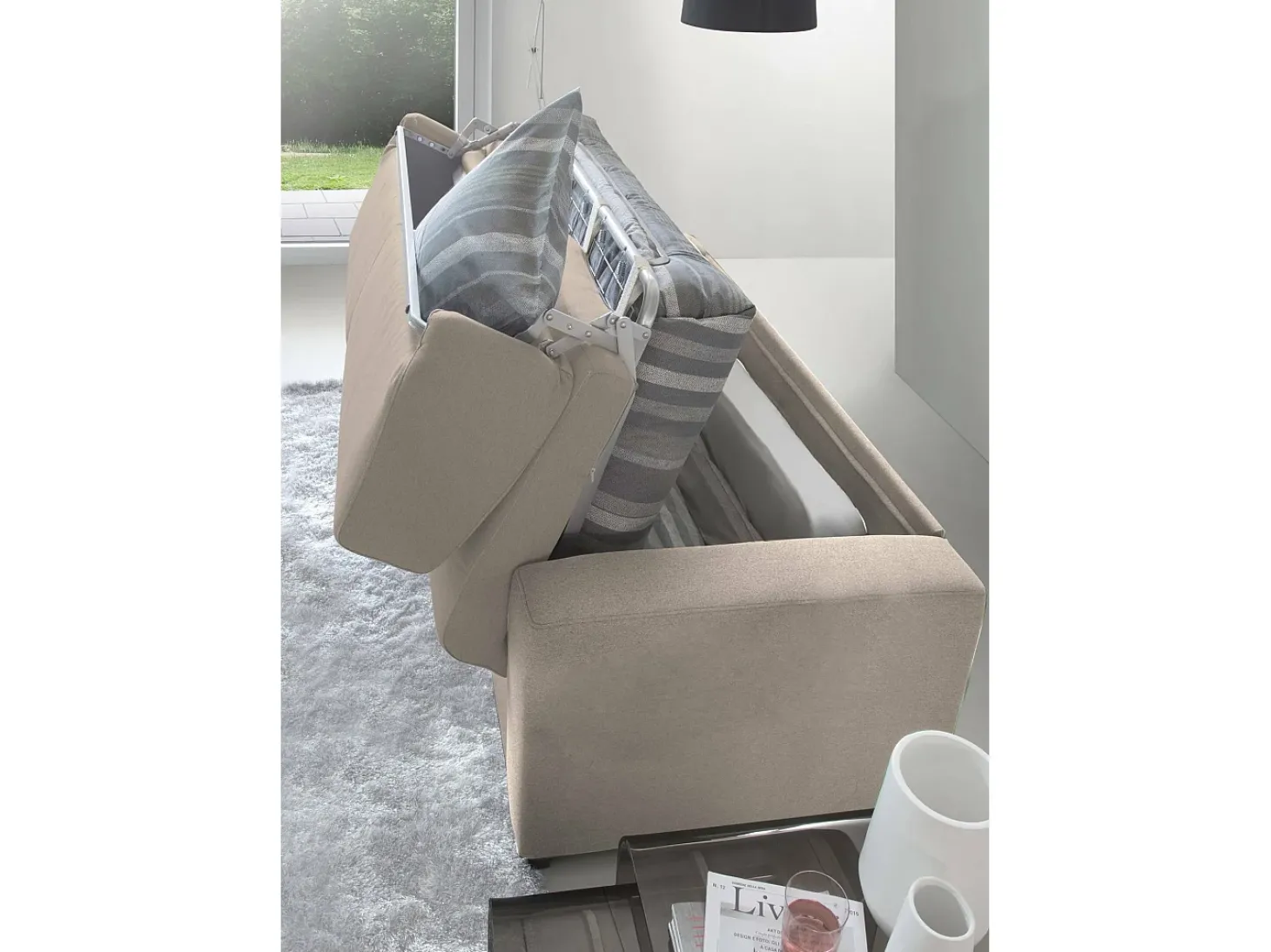 Sofá-cama Dabagn, Sofá grande de 2 lugare, 100% Fabricado na Itália, Sofá da ala com abertura giratória, em tecido acolchoado, com braço padrão, Cm 200x95h90, Taupe