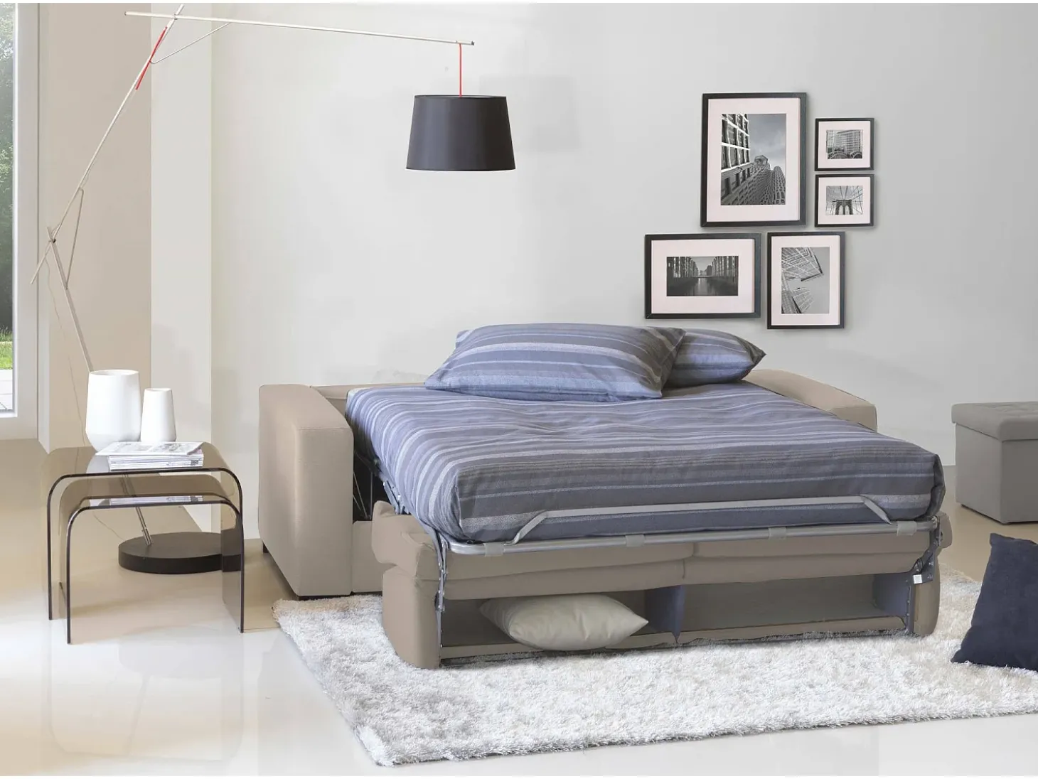 Sofá-cama Dabagn, Sofá grande de 2 lugare, 100% Fabricado na Itália, Sofá da ala com abertura giratória, em tecido acolchoado, com braço padrão, Cm 200x95h90, Taupe