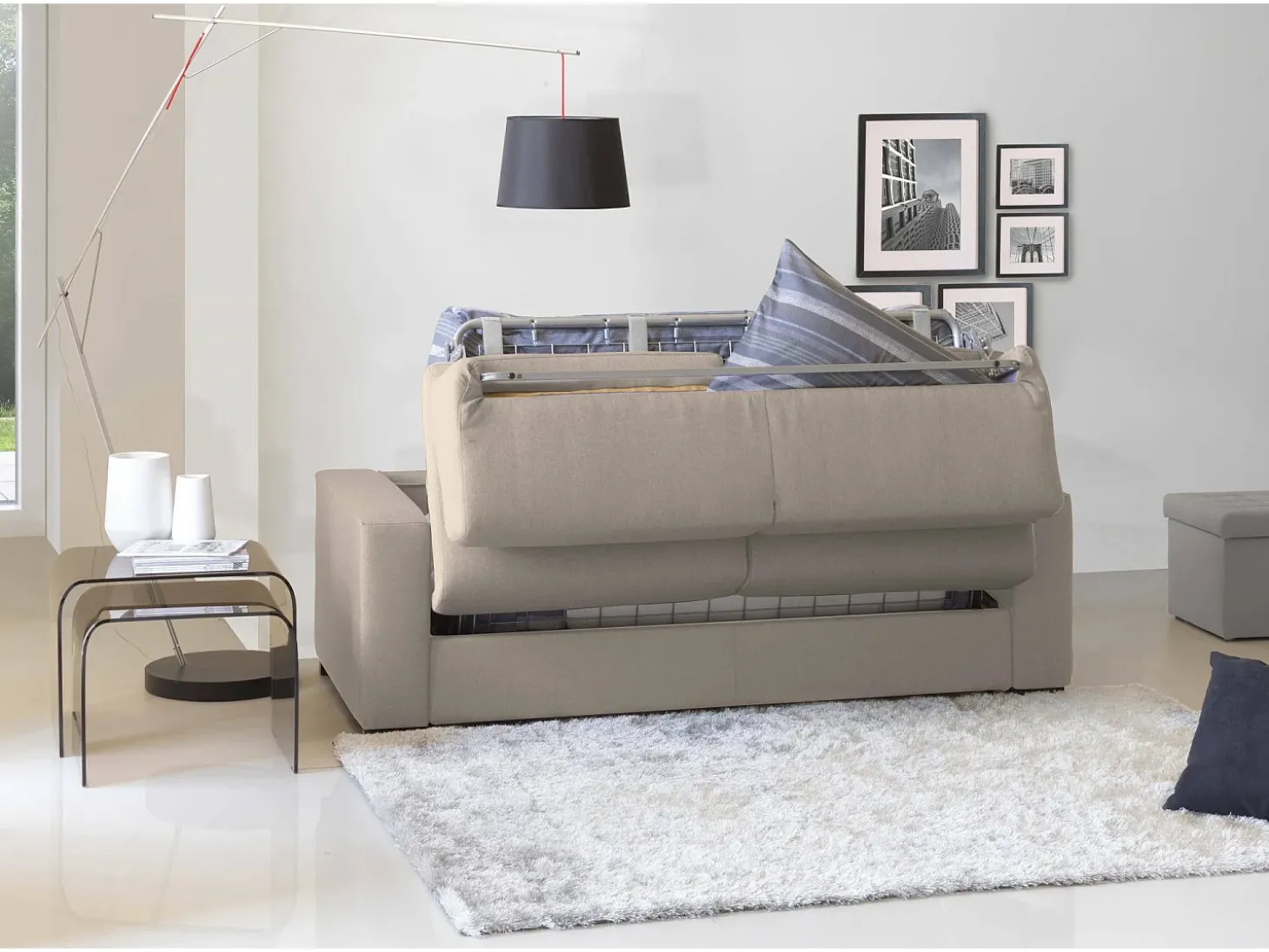 Sofá-cama Dabagn, Sofá grande de 2 lugare, 100% Fabricado na Itália, Sofá da ala com abertura giratória, em tecido acolchoado, com braço padrão, Cm 200x95h90, Taupe