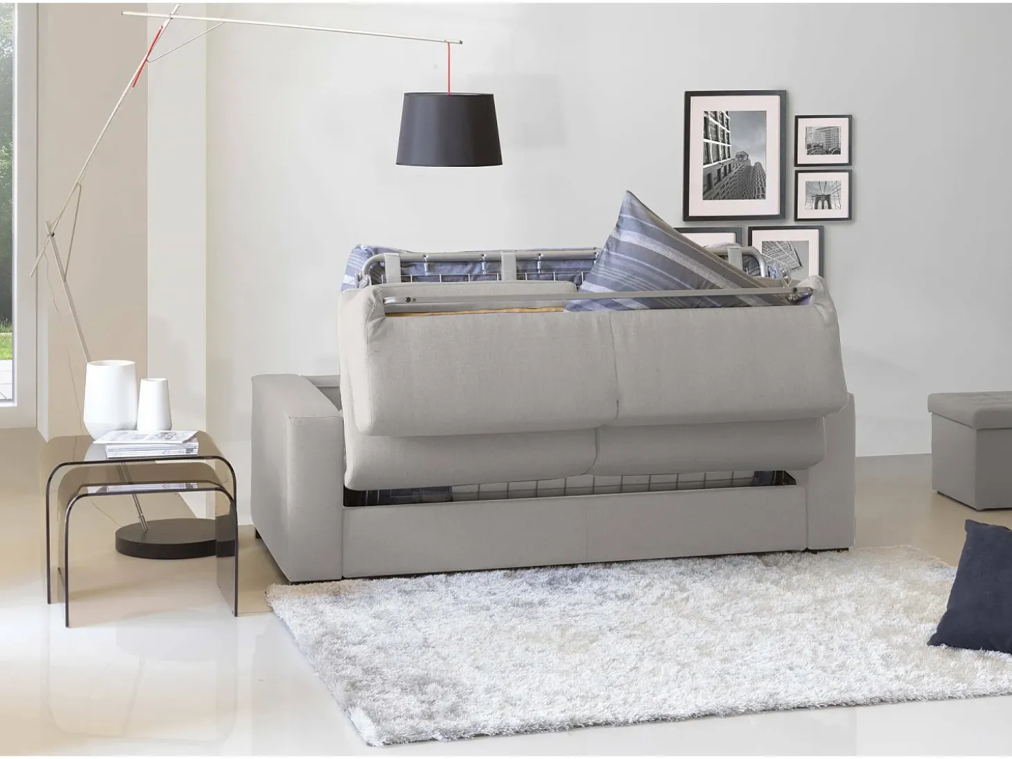 Sofá-cama Dabakah, sofá de 3 lugares, 100% Fabricado na Itália, Sofá da sala com abertura giratória, em tecido acolchoado, com braços finos, 200x95h90 cm, Cinza