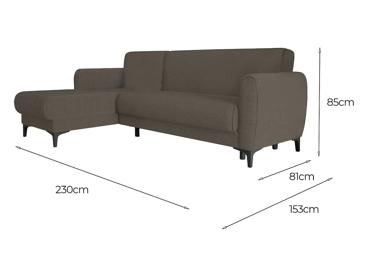 Sofá-cama Dabazo, Sofá-cama de canto com península reversível, Sofá moderno com chaiselongue e 3 almofadas, 230x153h85 cm, Marrom