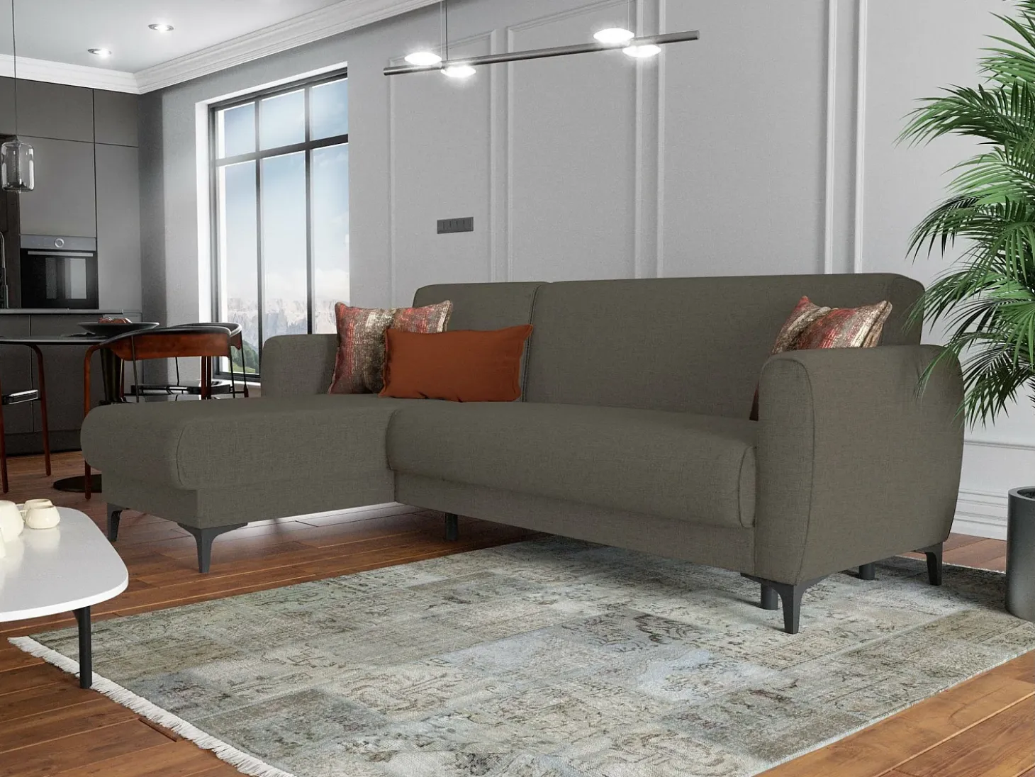 Sofá-cama Dabazo, Sofá-cama de canto com península reversível, Sofá moderno com chaiselongue e 3 almofadas, 230x153h85 cm, Marrom