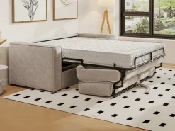 Sofá-cama de 160 cm em veludo canelado bege assento com assento de memória de forma ripas largas colchão 22 cm LORETO