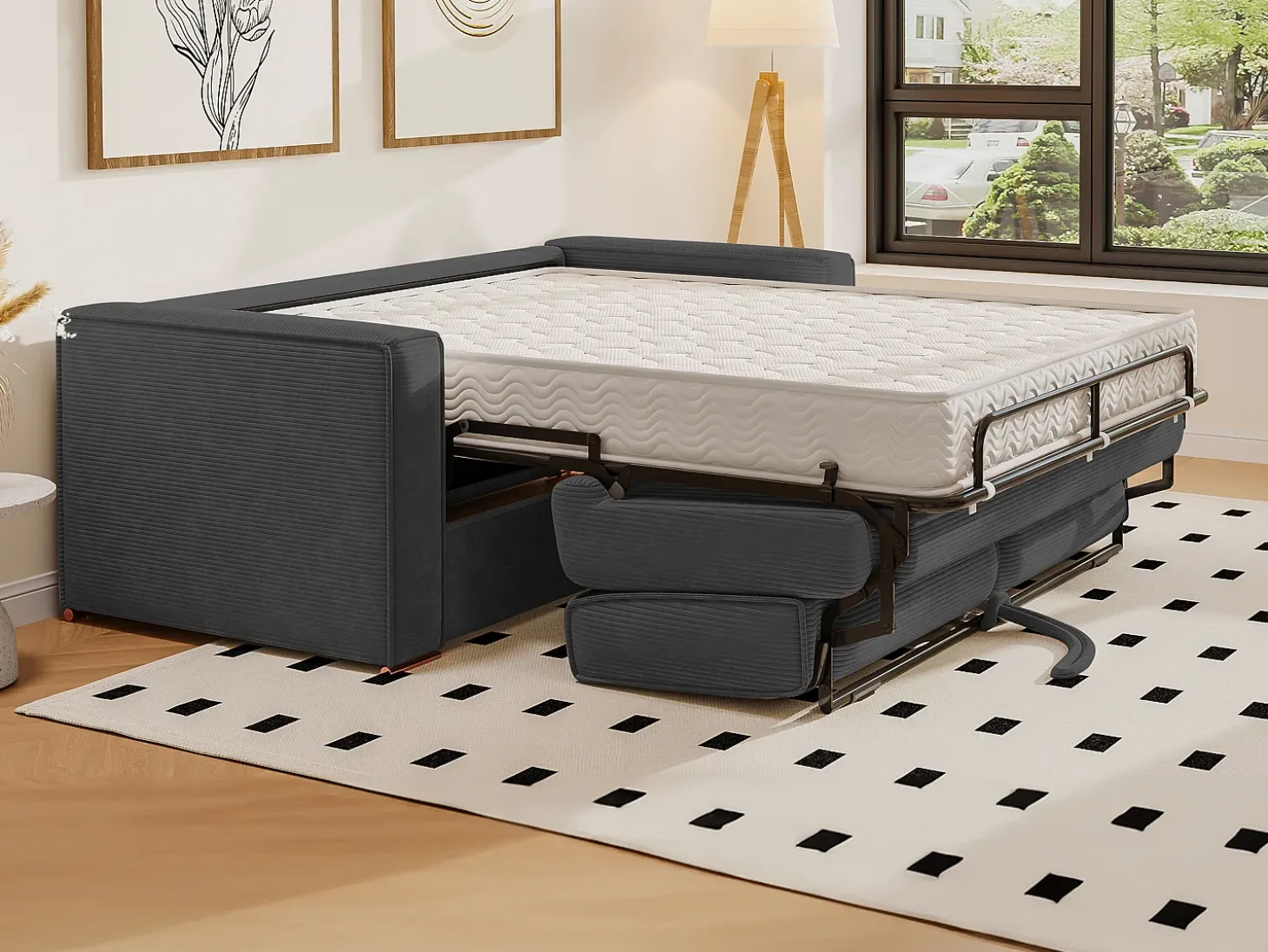 Sofá-cama de 160 cm em veludo canelado antracite com assento com assento de memória de forma, ripas largas e colchão de 22 cm LORETO