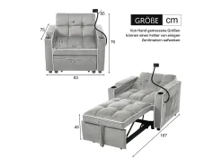 Sofá-cama de 1 lugar com porta-copos e suporte para telefone - 83 x 75 x 167 cm - Veludo - Cinza