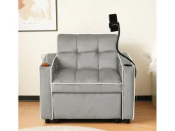 Sofá-cama de 1 lugar com porta-copos e suporte para telefone - 83 x 75 x 167 cm - Veludo - Cinza