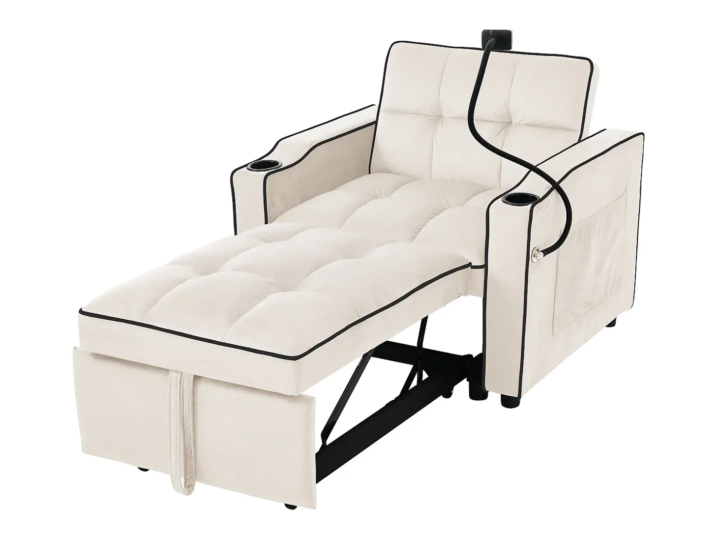 Sofá-cama de 1 lugar com porta-copos e suporte para telefone - 83 x 75 x 167 cm - Veludo - Bege