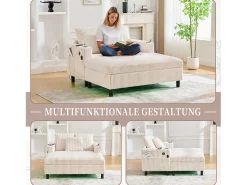Sofá-cama de 3 lugares - 142 x 128 x 85 cm - com porta-copos + portas USB + LEDs - veludo - bege