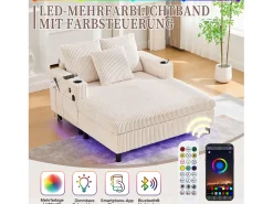 Sofá-cama de 3 lugares - 142 x 128 x 85 cm - com porta-copos + portas USB + LEDs - veludo - bege