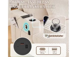 Sofá-cama de 3 lugares - 142 x 128 x 85 cm - com porta-copos + portas USB + LEDs - veludo - bege