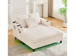 Sofá-cama de 3 lugares - 142 x 128 x 85 cm - com porta-copos + portas USB + LEDs - veludo - bege