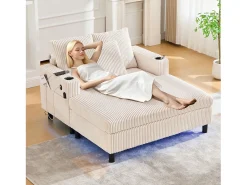 Sofá-cama de 3 lugares - 142 x 128 x 85 cm - com porta-copos + portas USB + LEDs - veludo - bege