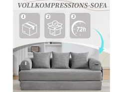 Sofá-cama de 3 lugares - 200 x 94 x 67 cm - com bolsos laterais + 3 almofadas - veludo - cinza claro