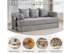Sofá-cama de 3 lugares - 200 x 94 x 67 cm - com bolsos laterais + 3 almofadas - veludo - cinza claro