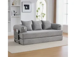 Sofá-cama de 3 lugares - 200 x 94 x 67 cm - com bolsos laterais + 3 almofadas - veludo - cinza claro