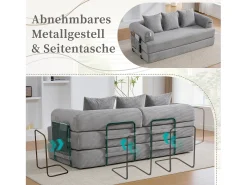 Sofá-cama de 3 lugares - 200 x 94 x 67 cm - com bolsos laterais + 3 almofadas - veludo - cinza claro