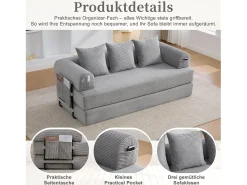 Sofá-cama de 3 lugares - 200 x 94 x 67 cm - com bolsos laterais + 3 almofadas - veludo - cinza claro