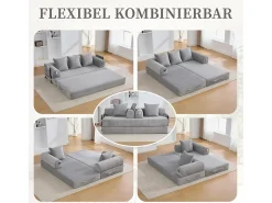 Sofá-cama de 3 lugares - 200 x 94 x 67 cm - com bolsos laterais + 3 almofadas - veludo - cinza claro