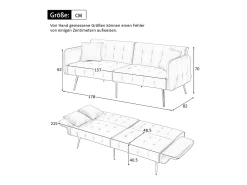 Sofá-cama de 2 lugares - 178 x 82 x 70 cm - com encosto e braços ajustáveis - veludo - branco