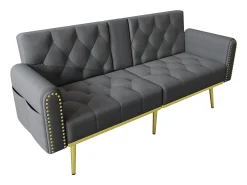 Sofá-cama de 2 lugares - 175 x 80 x 73,5 cm - 3 posições reclináveis e com porta-copos - veludo - cinza